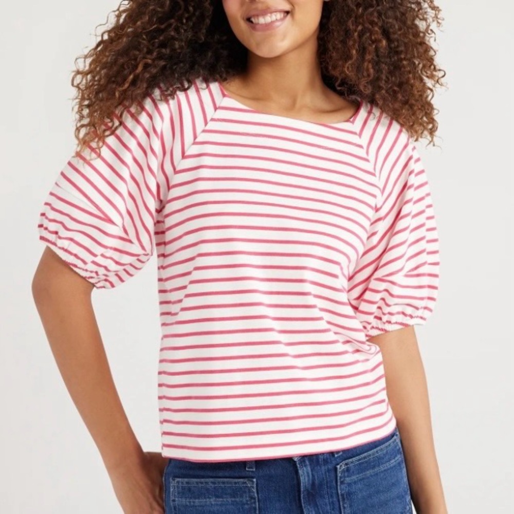 Free Assembly Raspberry Red Stripe Cotton Balloon Sleeve White T Shirt Size XXL